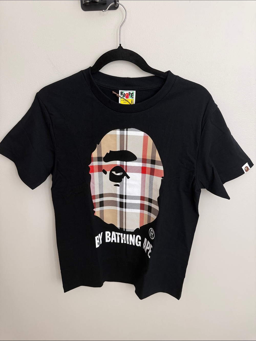 BAPE Black Tee with Beige & Red Plaid Ape Head